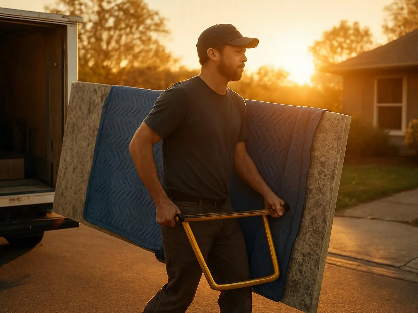 A man carries a mattress and metal frame from a truck on a sunlit suburban street
