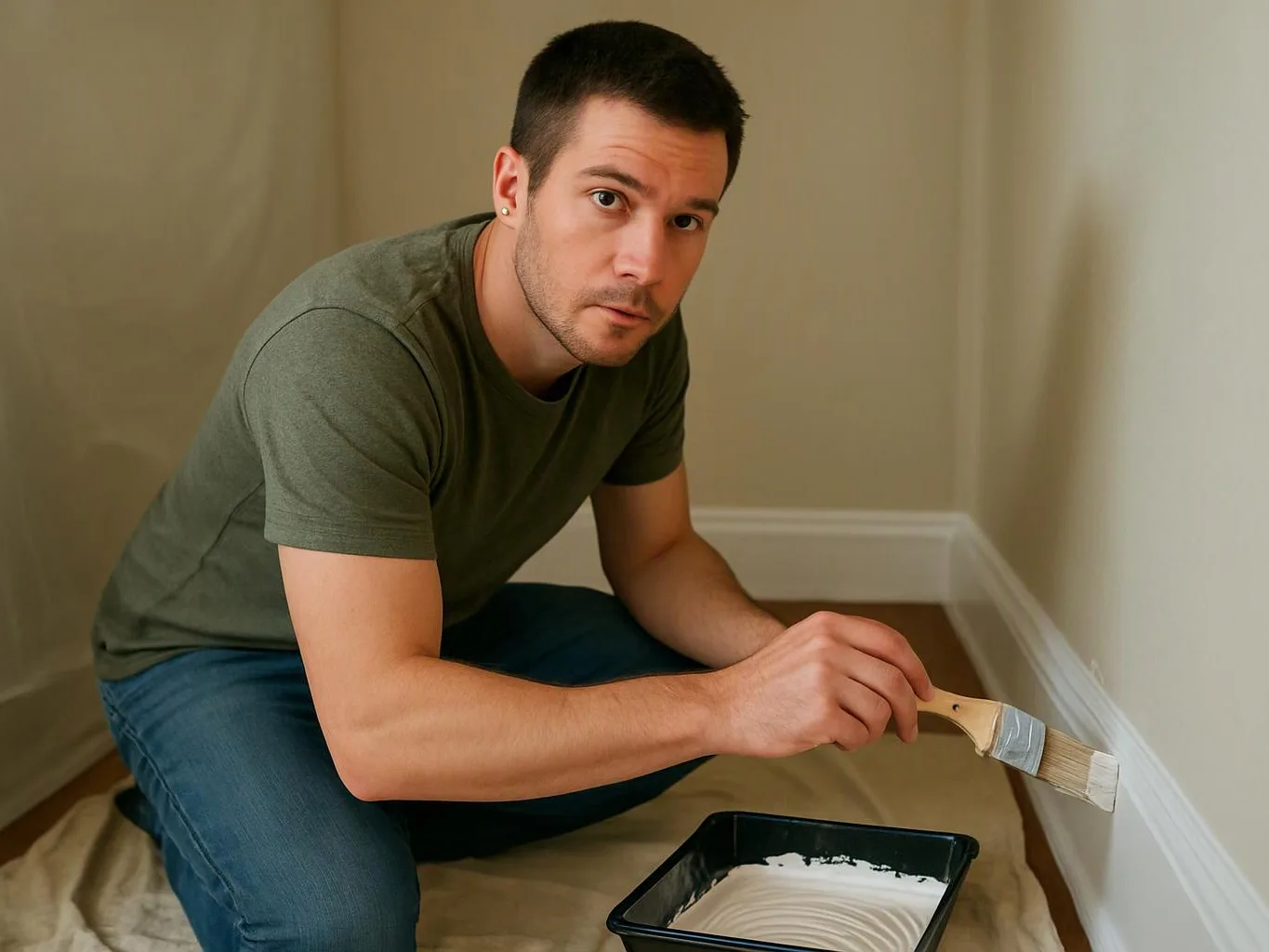 A man crouches on a drop cloth, painting a wall trim with a brush beside a tray of white paint