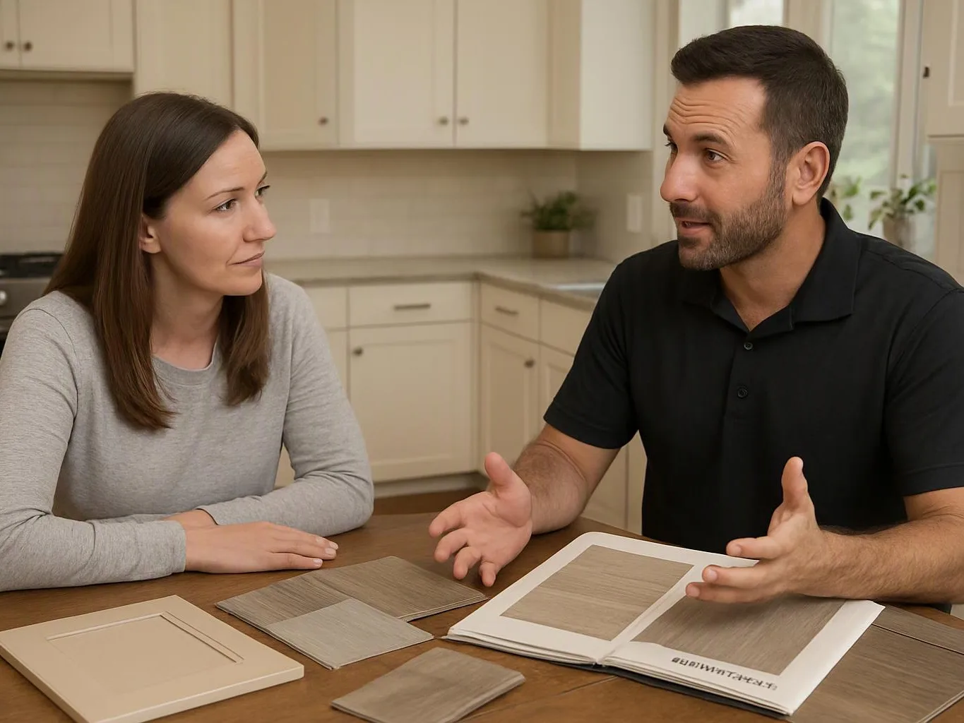 A man gestures over wood samples while talking to a woman at a kitchen table