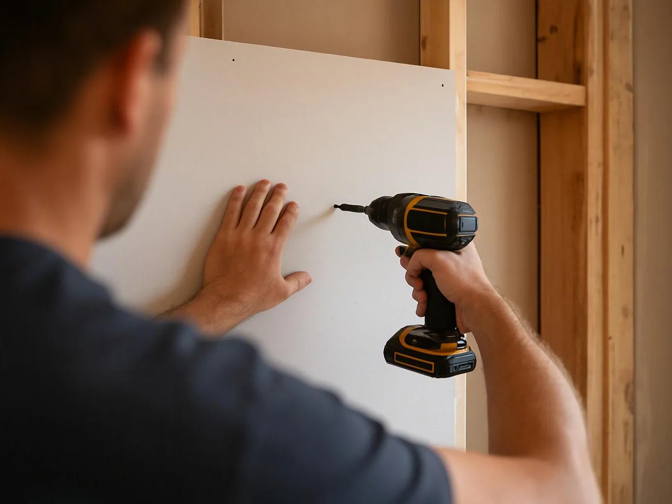 A man holds a drill to a white panel while steadying it with his other hand inside a wood-framed room