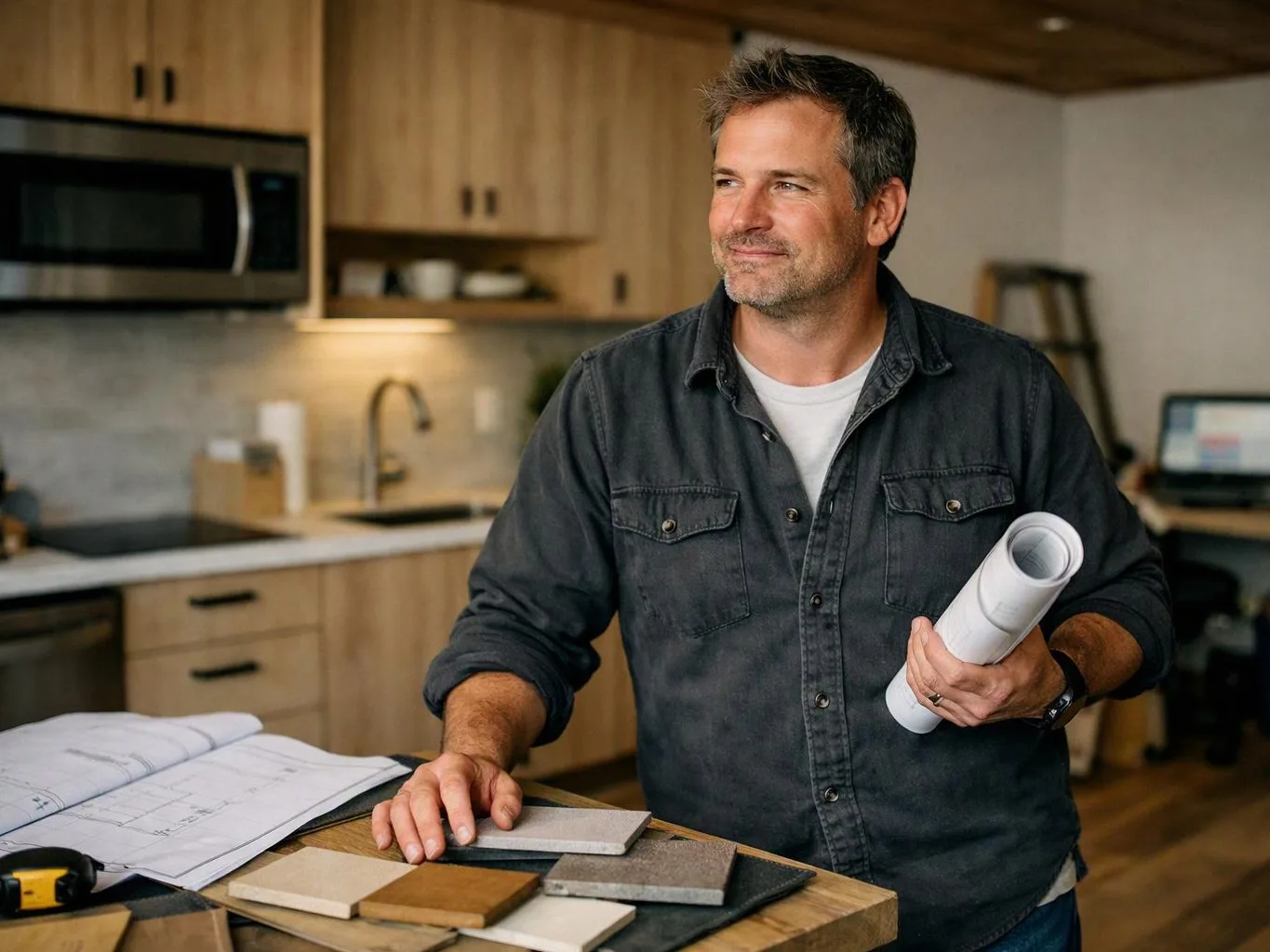 A man holds rolled plans and studies tile samples at a kitchen counter in a modern home
