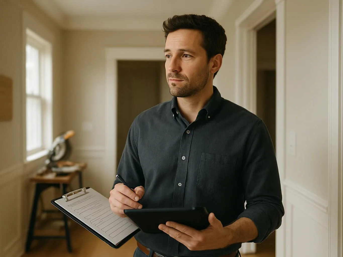 A man holds a tablet and clipboard in a bright hallway, looking off to the side