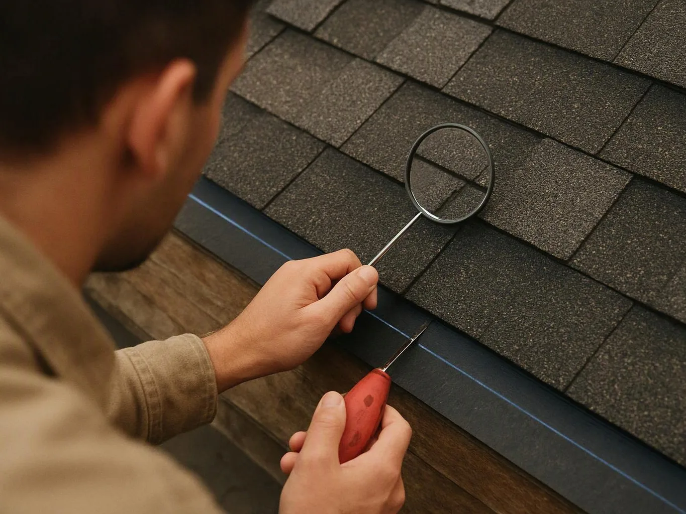 A man inspects dark roof shingles with a magnifying glass while holding a red tool near a blue chalk line