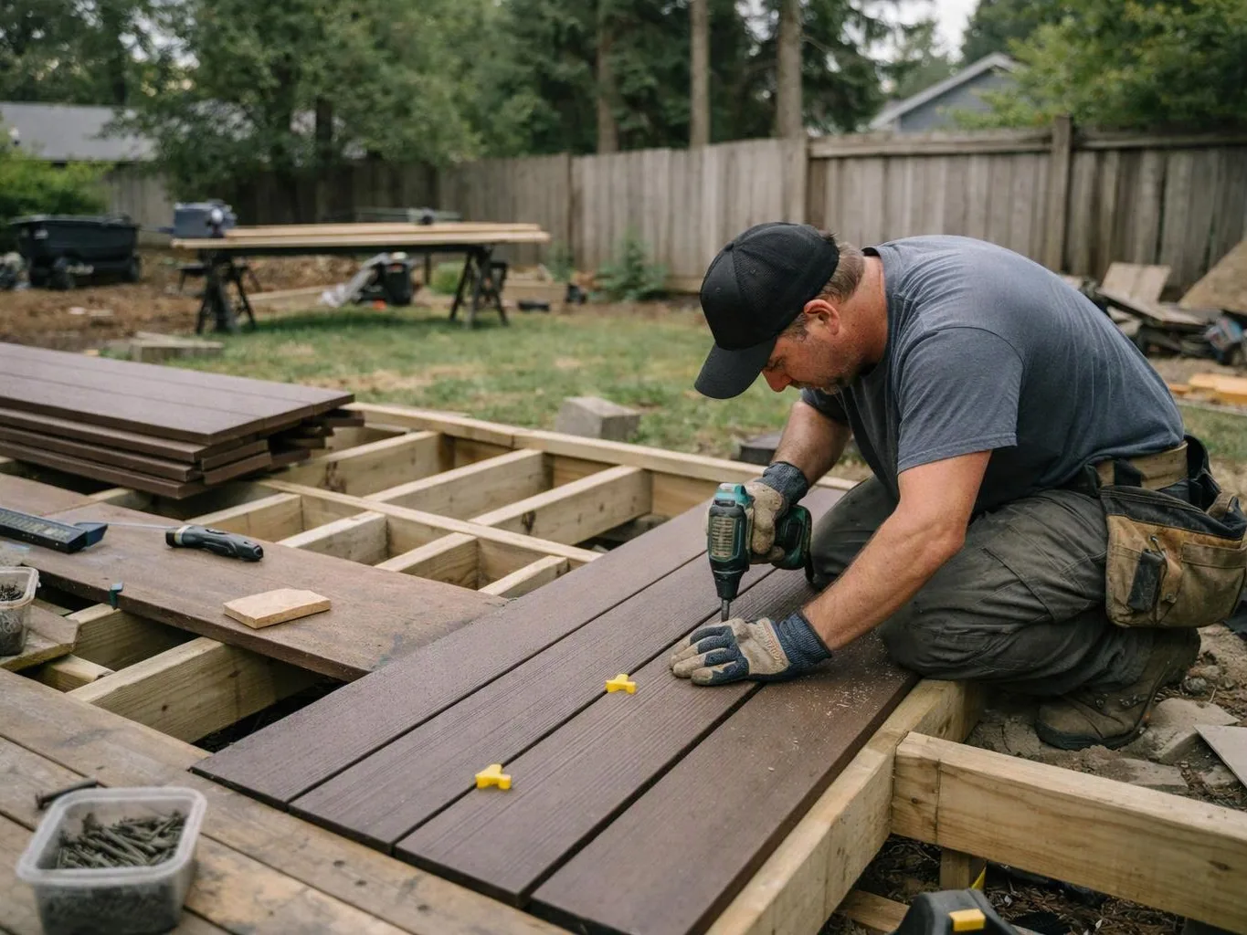 A man kneels in a backyard, drilling brown deck boards onto a wooden frame