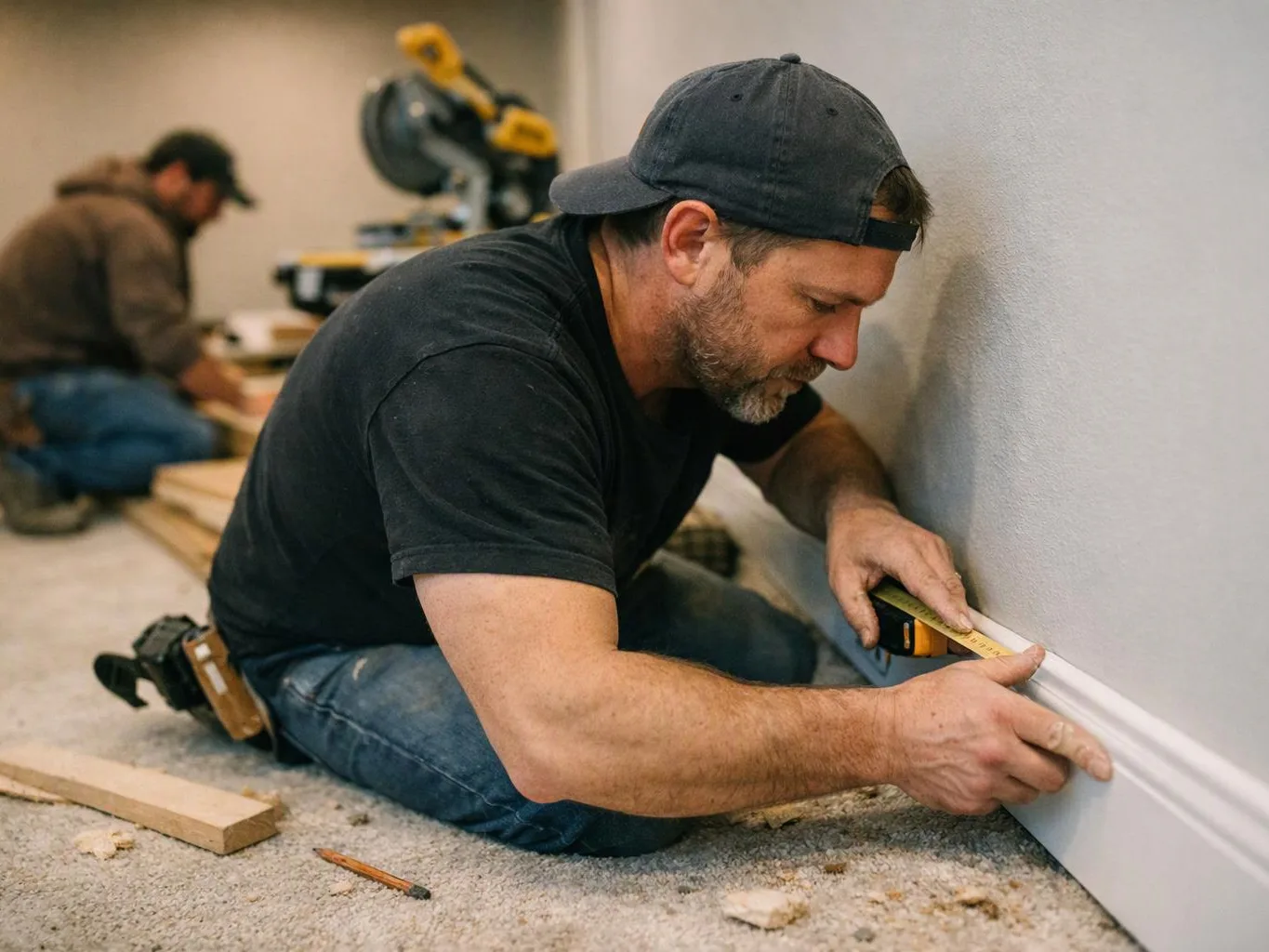 A man kneels on carpet, measuring a baseboard along a wall while another works with tools in the background