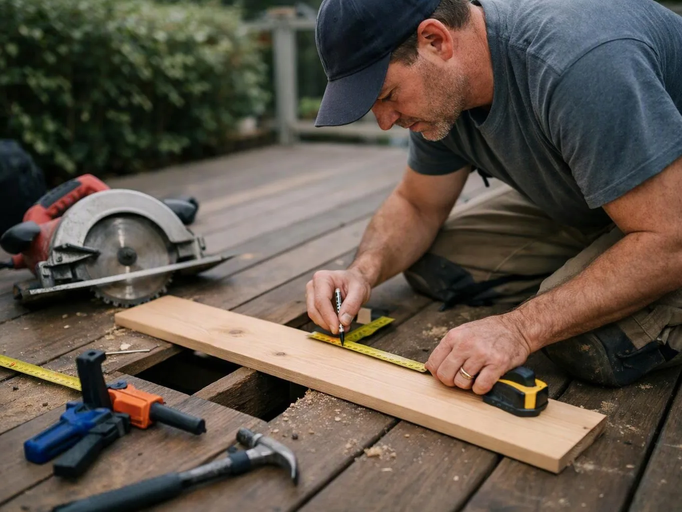 A man kneels on a deck, measuring and marking a wooden board with saw and tools nearby