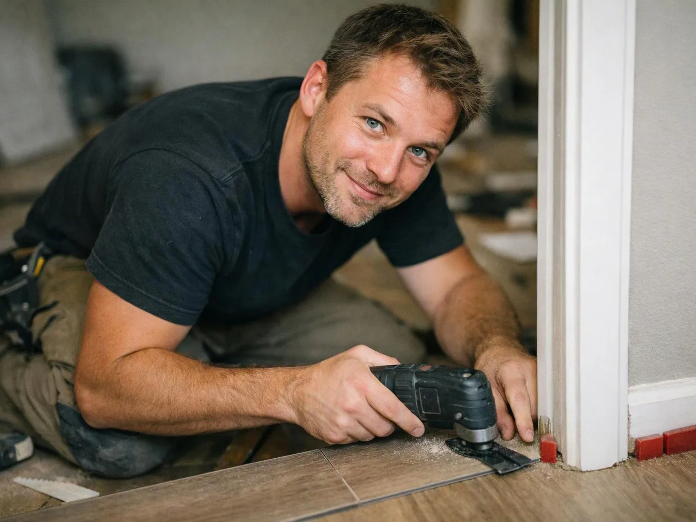 A man kneels on a floor, cutting a wood trim piece with a power tool beside a doorway