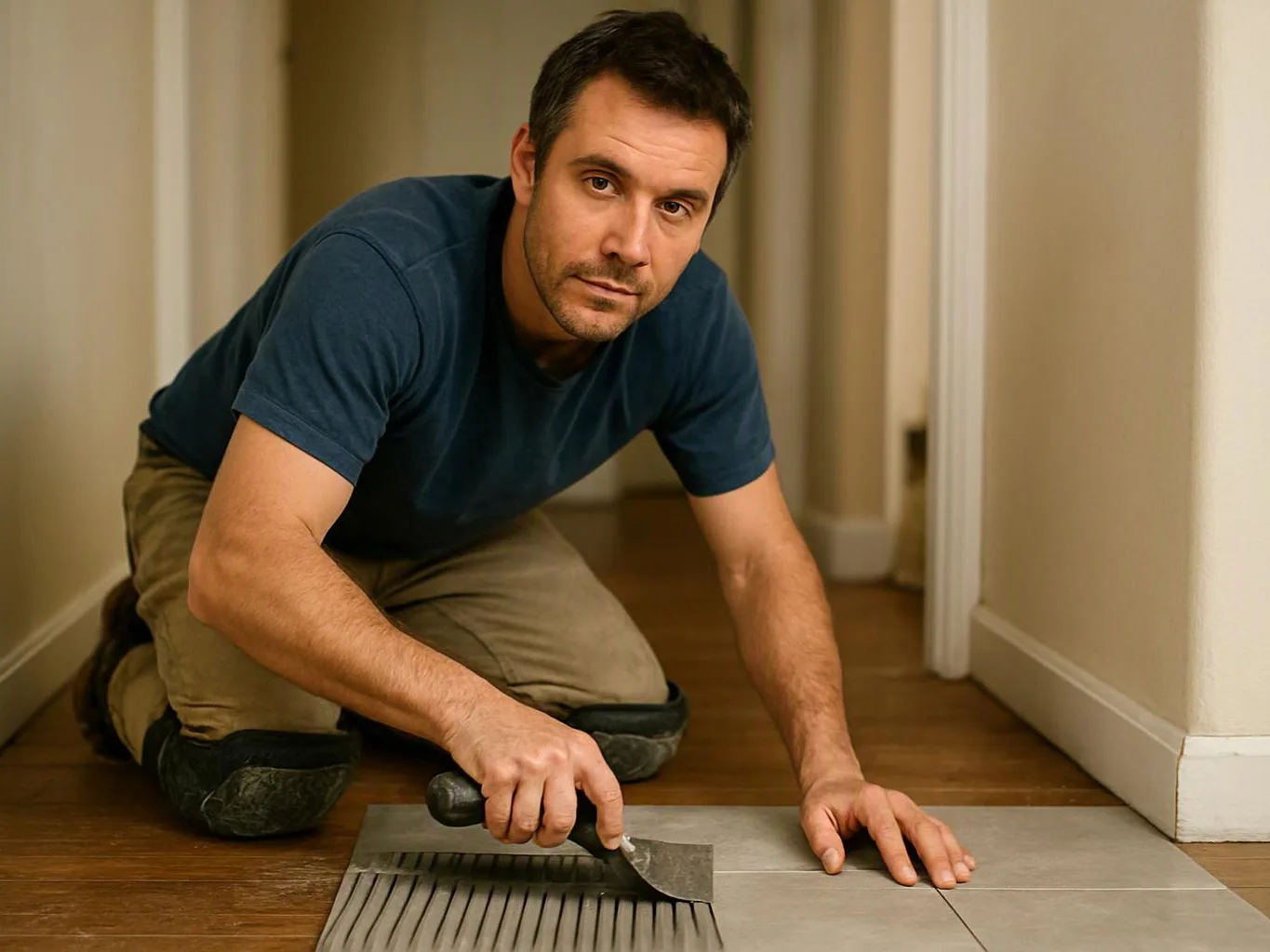 A man kneels on a hallway floor, spreading adhesive with a notched trowel beside a tile sheet