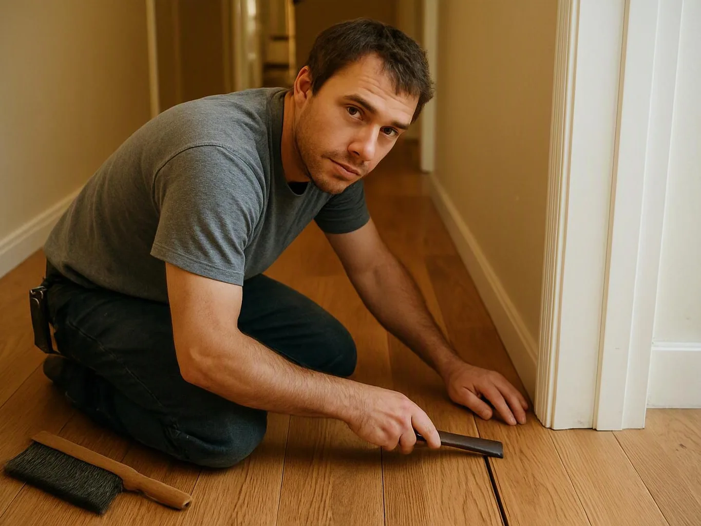 A man kneels on a hardwood floor, checking a gap near a doorway with a small tool