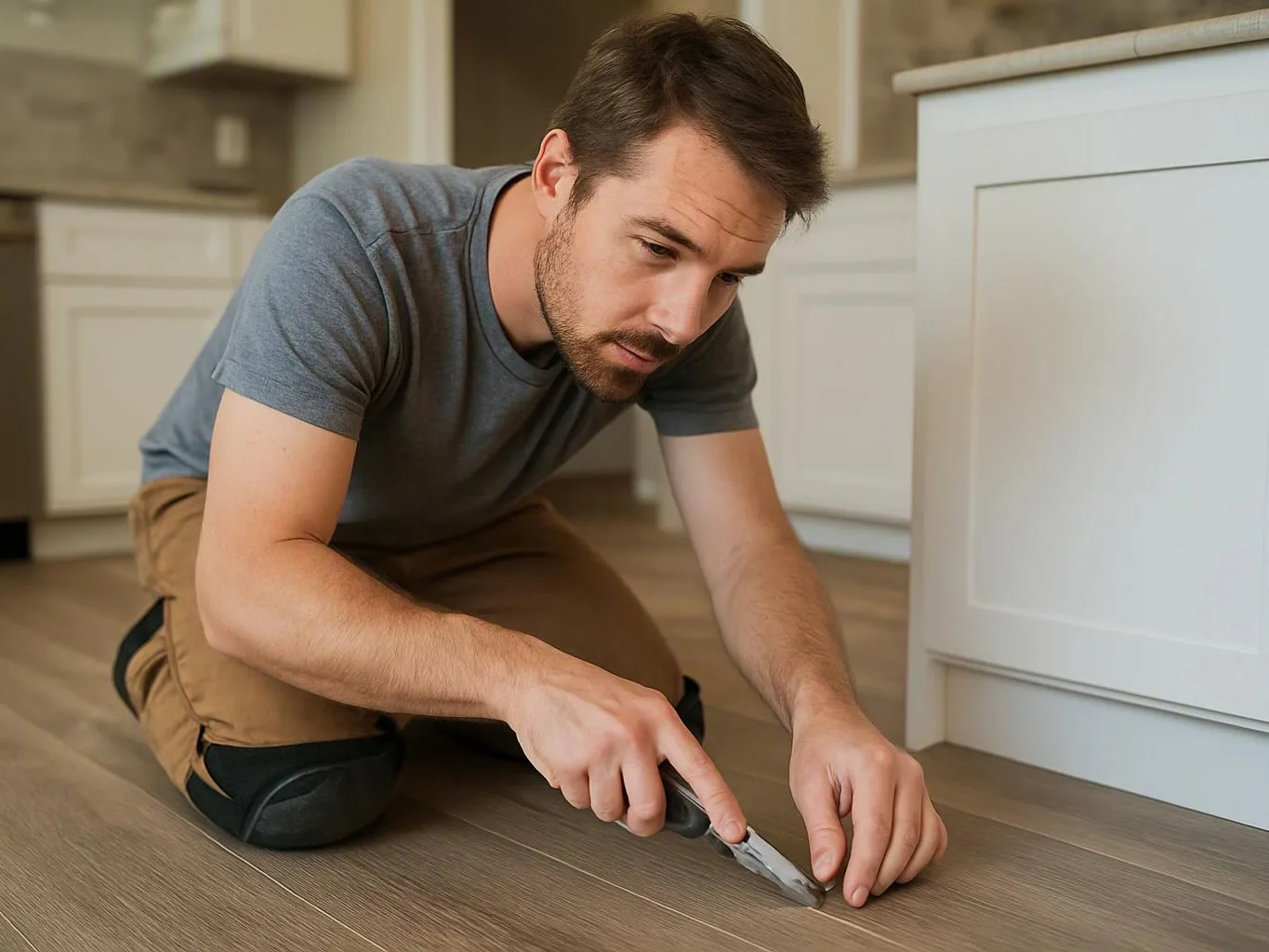 A man kneels on a kitchen floor, cutting a small piece near white cabinets with pliers