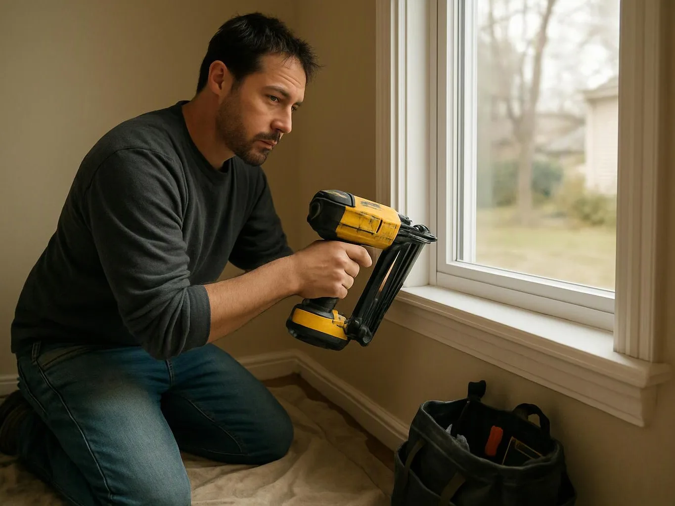 A man kneels by a window, holding a yellow nail gun in a bare room with a tool bag nearby