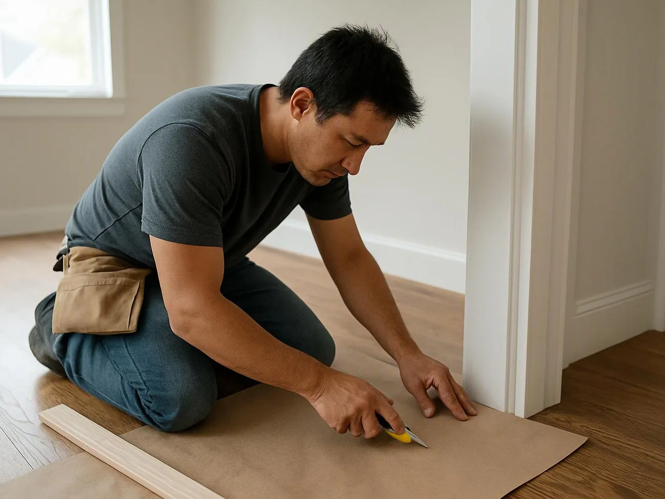 A man kneels on a wooden floor, cutting brown paper beside a white doorway in an empty room
