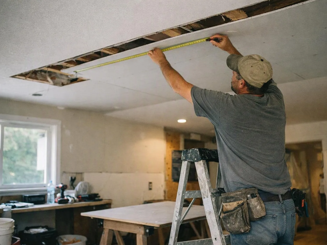 A man on a ladder measures a damaged ceiling opening inside a room under renovation