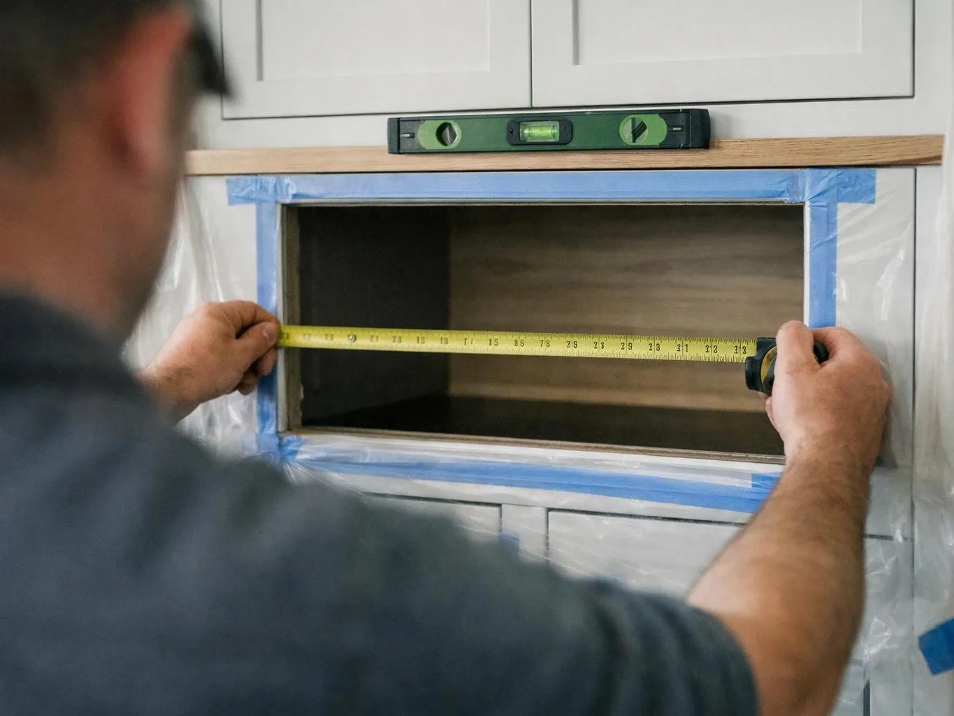 A man measures a rectangular cabinet opening with a tape measure, with a level and blue tape on the wall