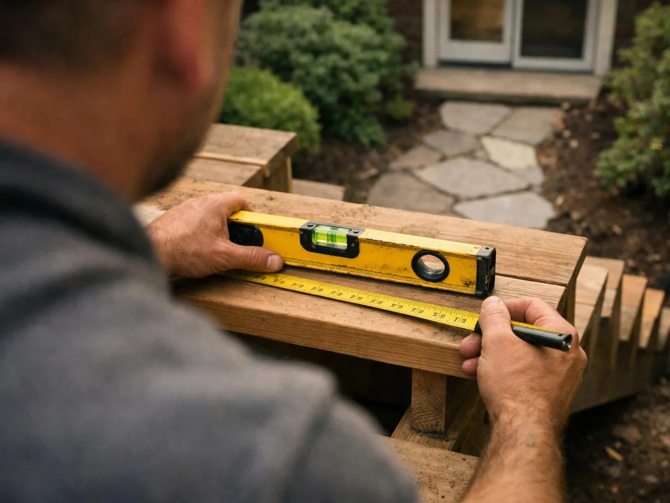 A man measures a wooden stair rail with a yellow level and tape measure outdoors