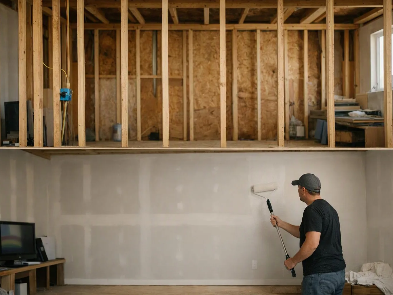 A man paints a drywall wall with a roller in a room under construction with exposed wooden framing above