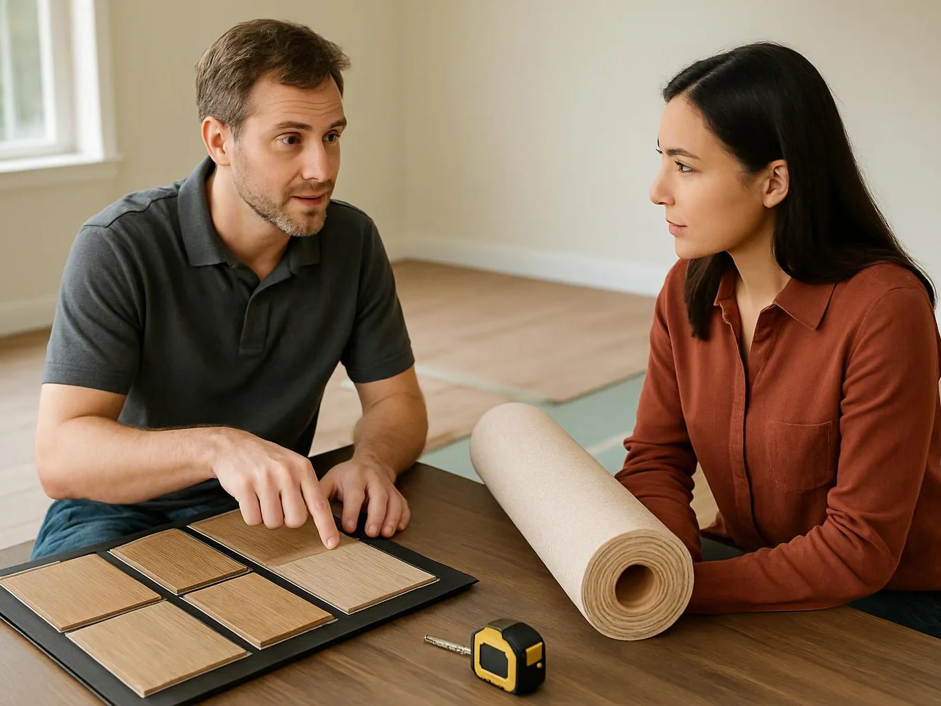 A man points to wood samples while a woman holds a rolled mat at a table in a bright room