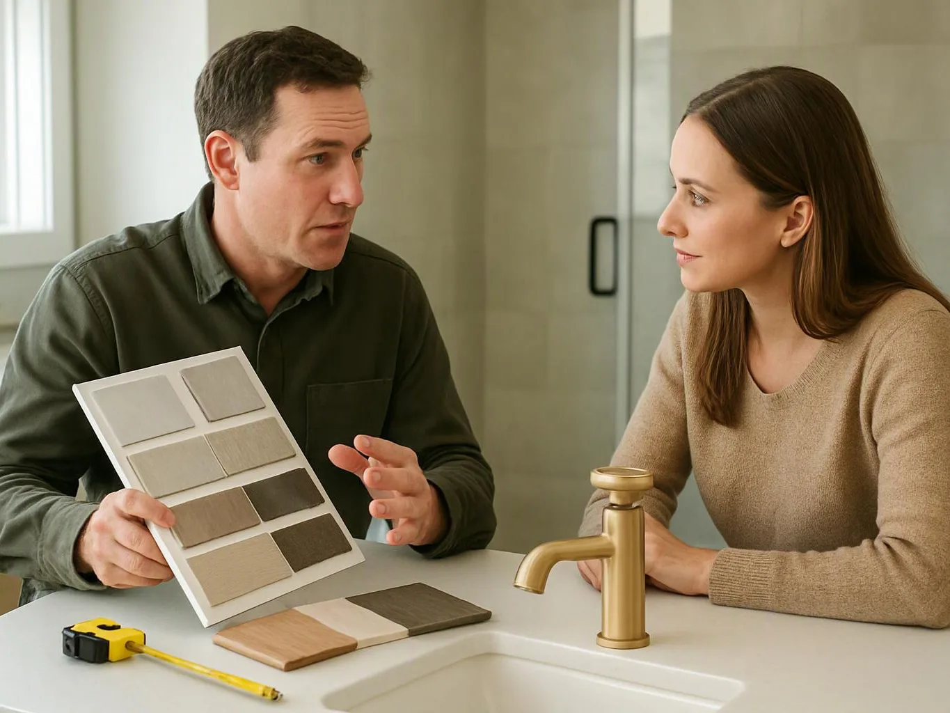 A man shows tile samples to a woman beside a sink and brass faucet in a bright kitchen