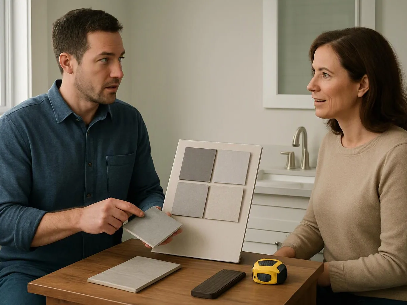 A man shows tile samples to a woman at a small table in a bright room