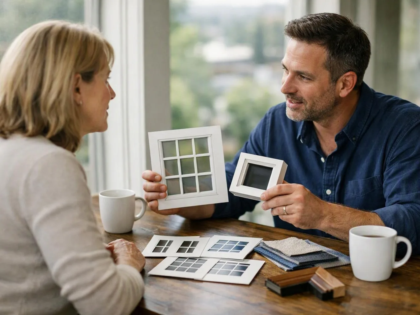 A man shows window frame samples across from a woman at a wooden table with mugs and material swatches