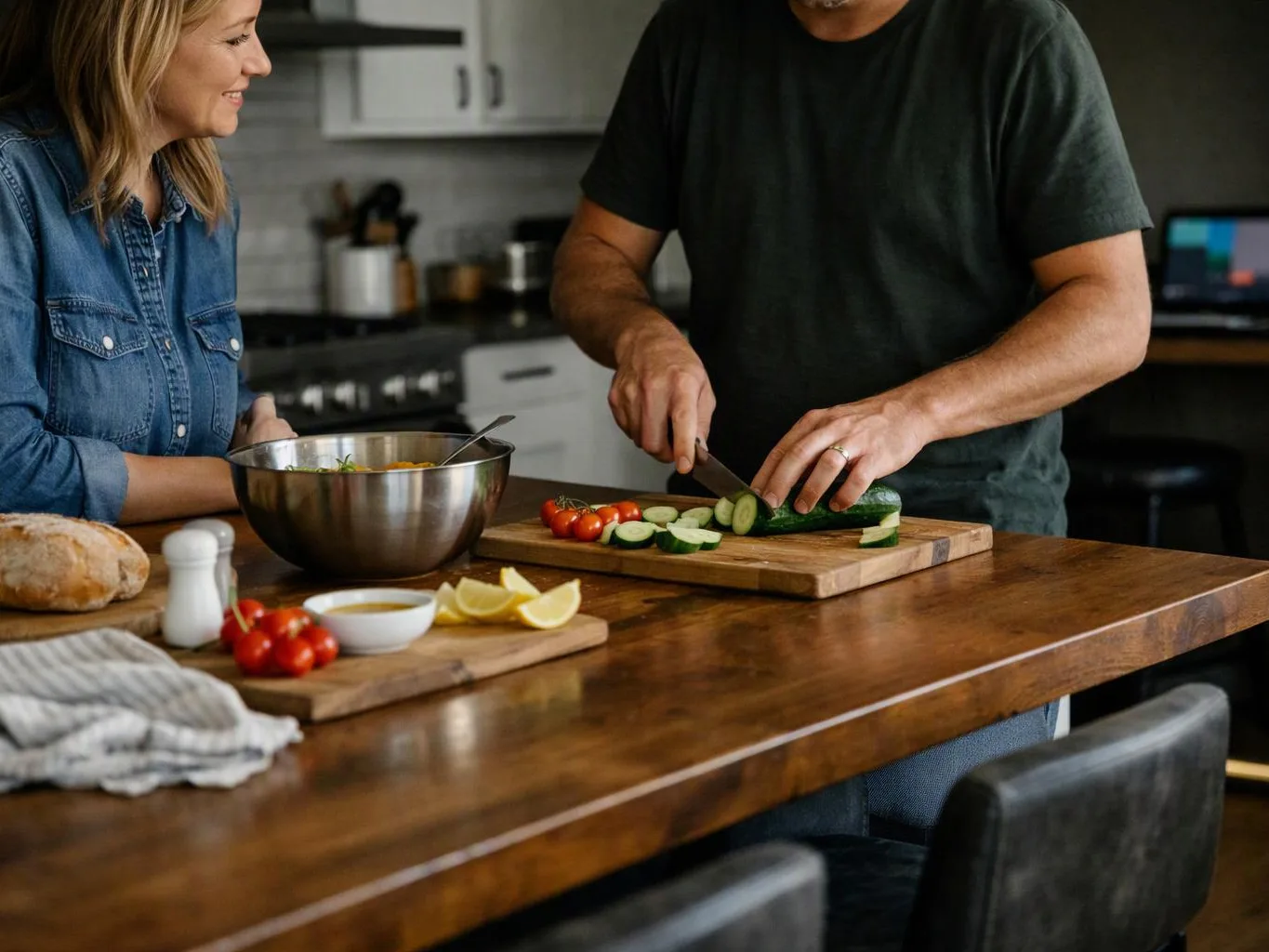 A man slices cucumbers on a wooden board while a woman smiles beside bowls of vegetables in a kitchen