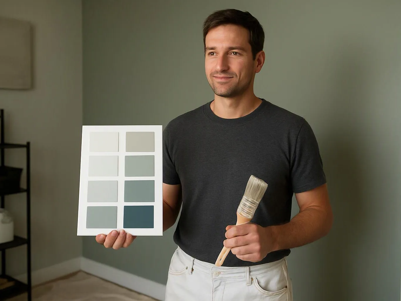 A man stands indoors holding a paint swatch board and a paintbrush in front of a muted green wall