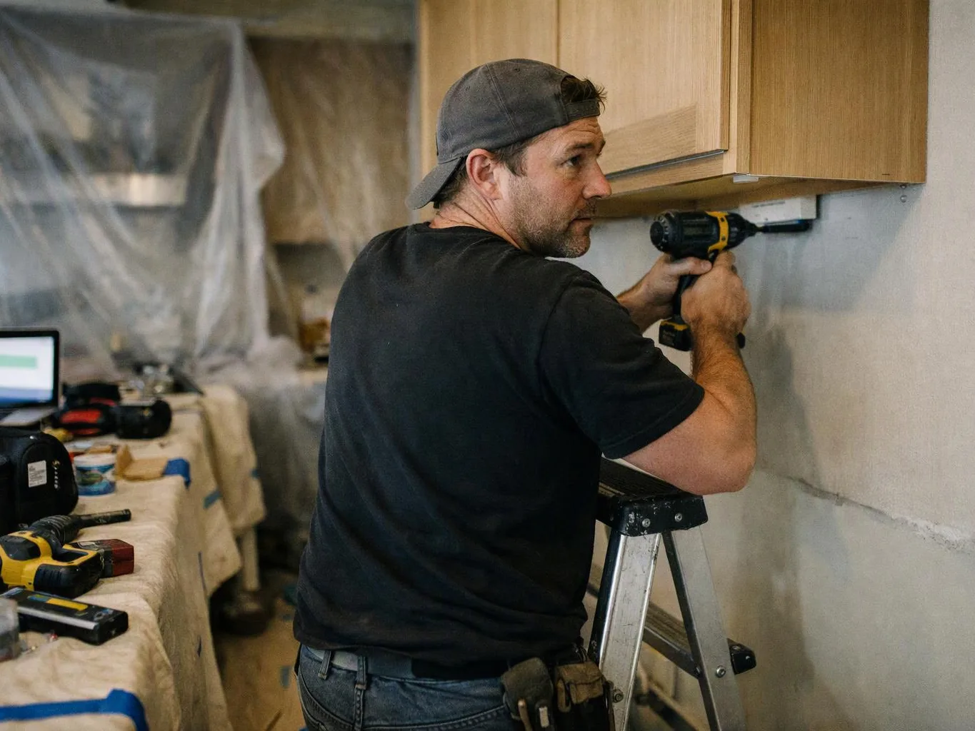 A man on a step ladder drills into a wall beneath kitchen cabinets in a partially covered room