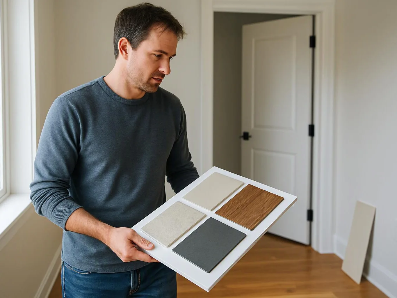 A man studies a board of four material samples in a bright empty room