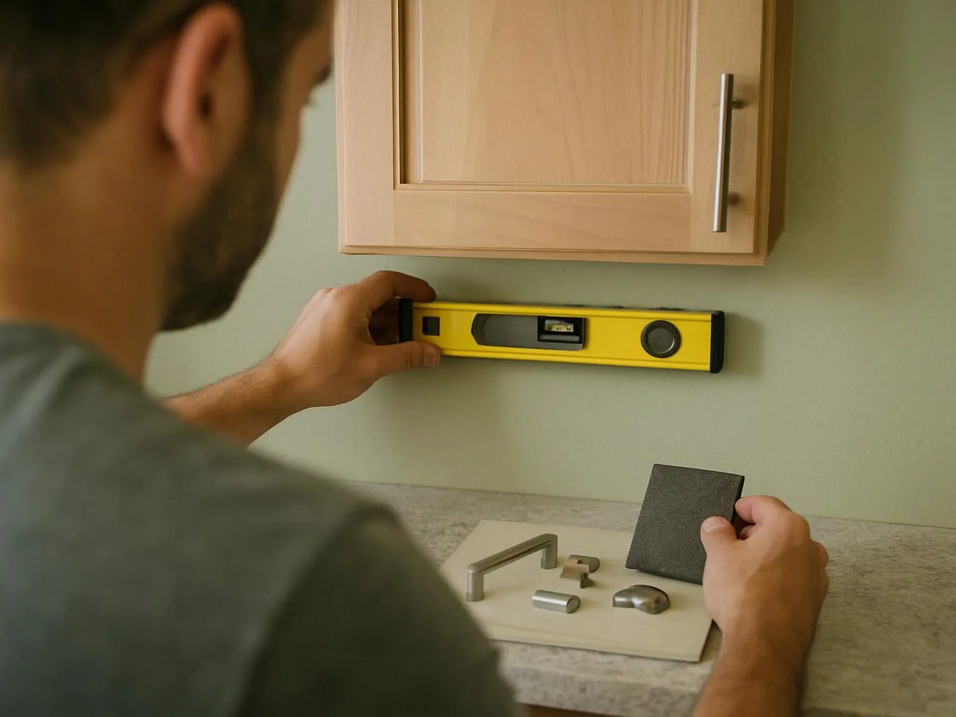A man uses a level to align a wall cabinet while holding a sample tile over countertop hardware pieces