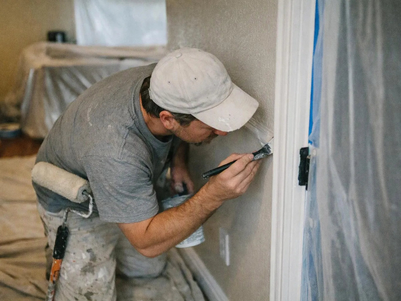 A man in a white cap paints trim on a wall inside a room under renovation
