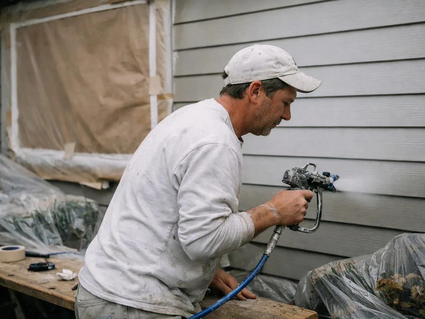 A man in a white cap sprays gray paint onto house siding outside, with covered windows behind him