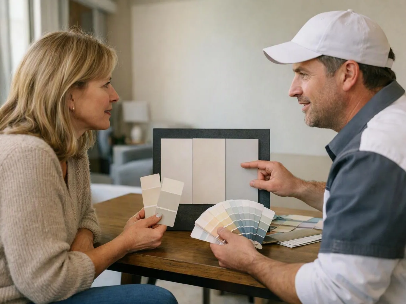 A man in a white cap and a woman compare paint swatches at a table in a bright room