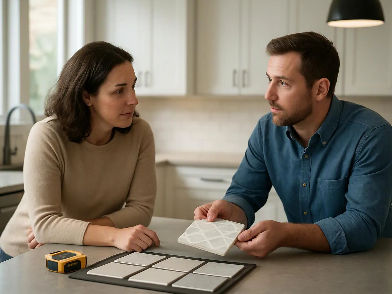 A man and woman examine square tile samples at a kitchen counter in a bright modern home