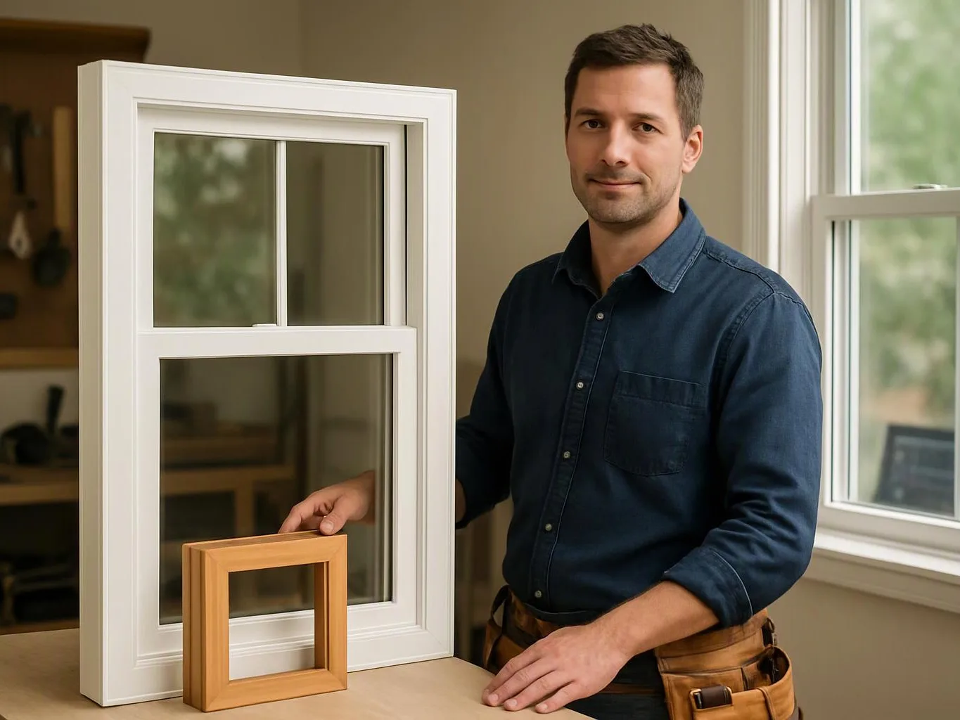 A man in a workshop stands beside a white window frame, holding a small wooden sample frame