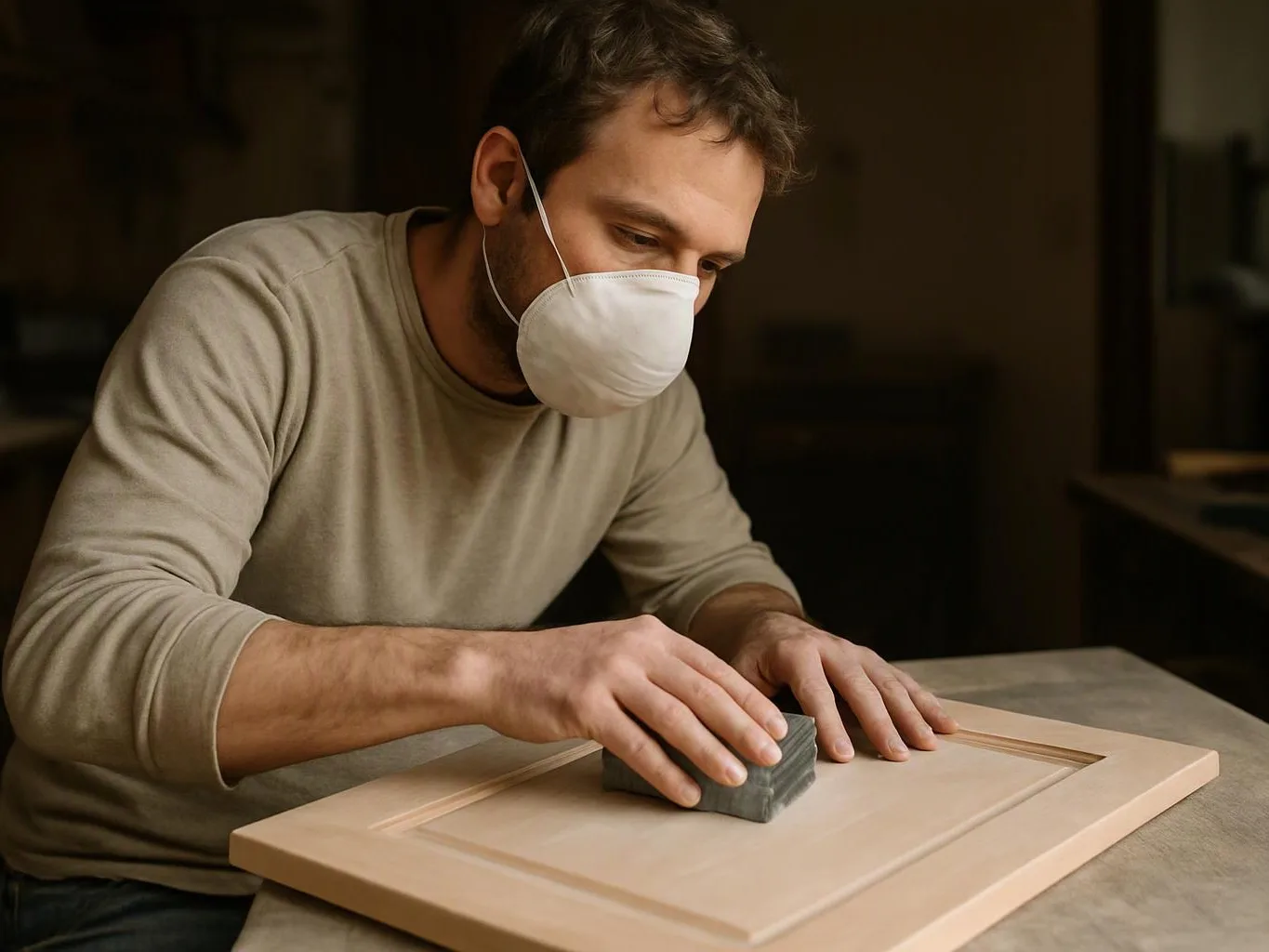 A masked man sands a wooden cabinet door at a workbench in a dim workshop