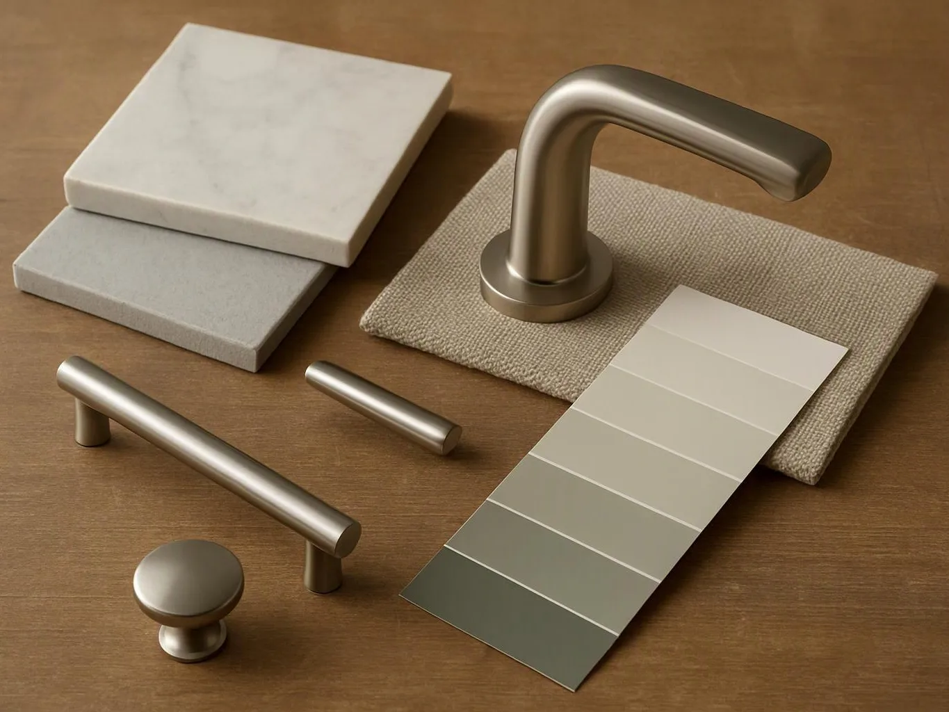 Metal handles, knobs, and finish samples are arranged on a wooden table with stone tiles and fabric swatches