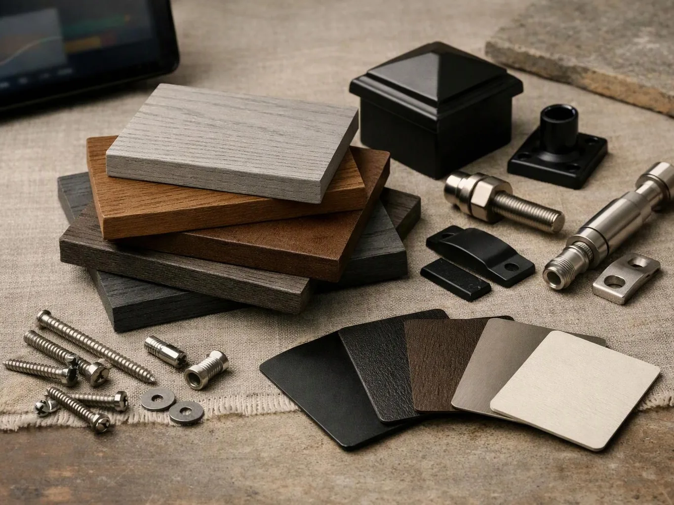 Metal and wood sample blocks, screws, and fittings sit arranged on a beige fabric surface