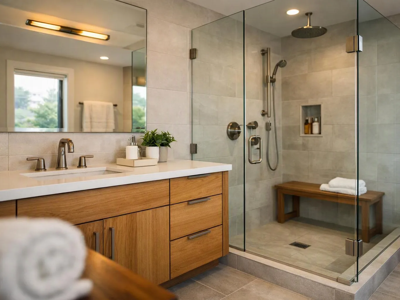 A modern bathroom shows a wood vanity, large mirror, and glass shower with a wooden bench