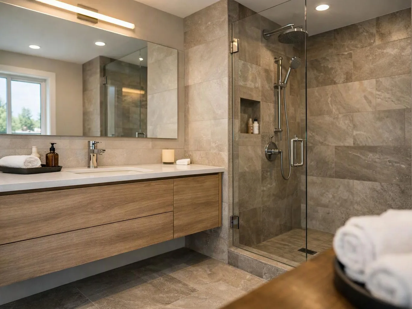 Modern bathroom with a wood vanity, large mirror, and glass shower with stone tile walls