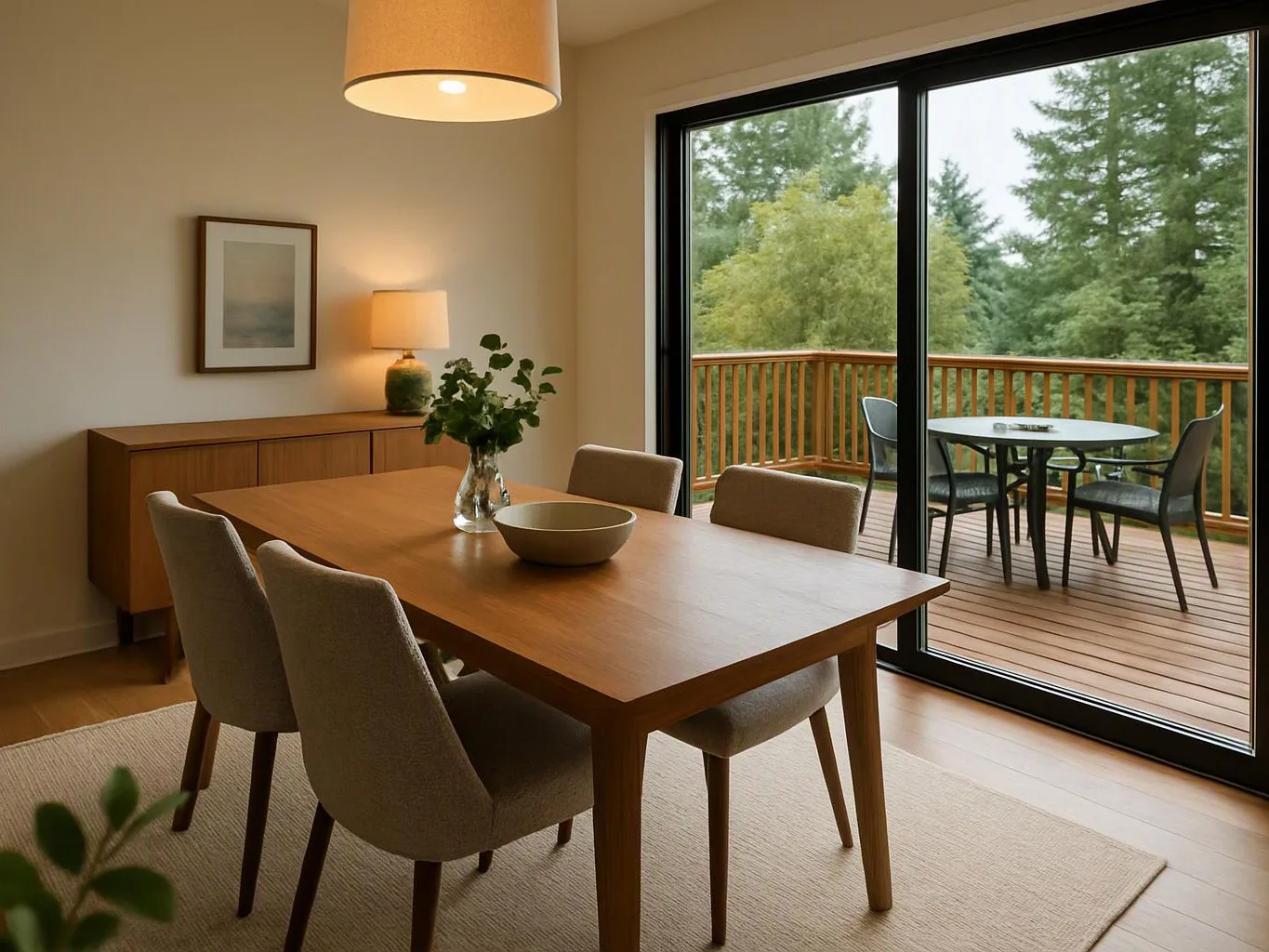 A modern dining room has a wooden table, four chairs, a sideboard, and a sliding door to a deck