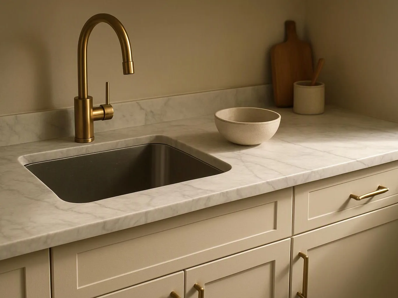 A modern kitchen counter shows a brass faucet, dark sink, marble top, and a bowl beside wooden utensils