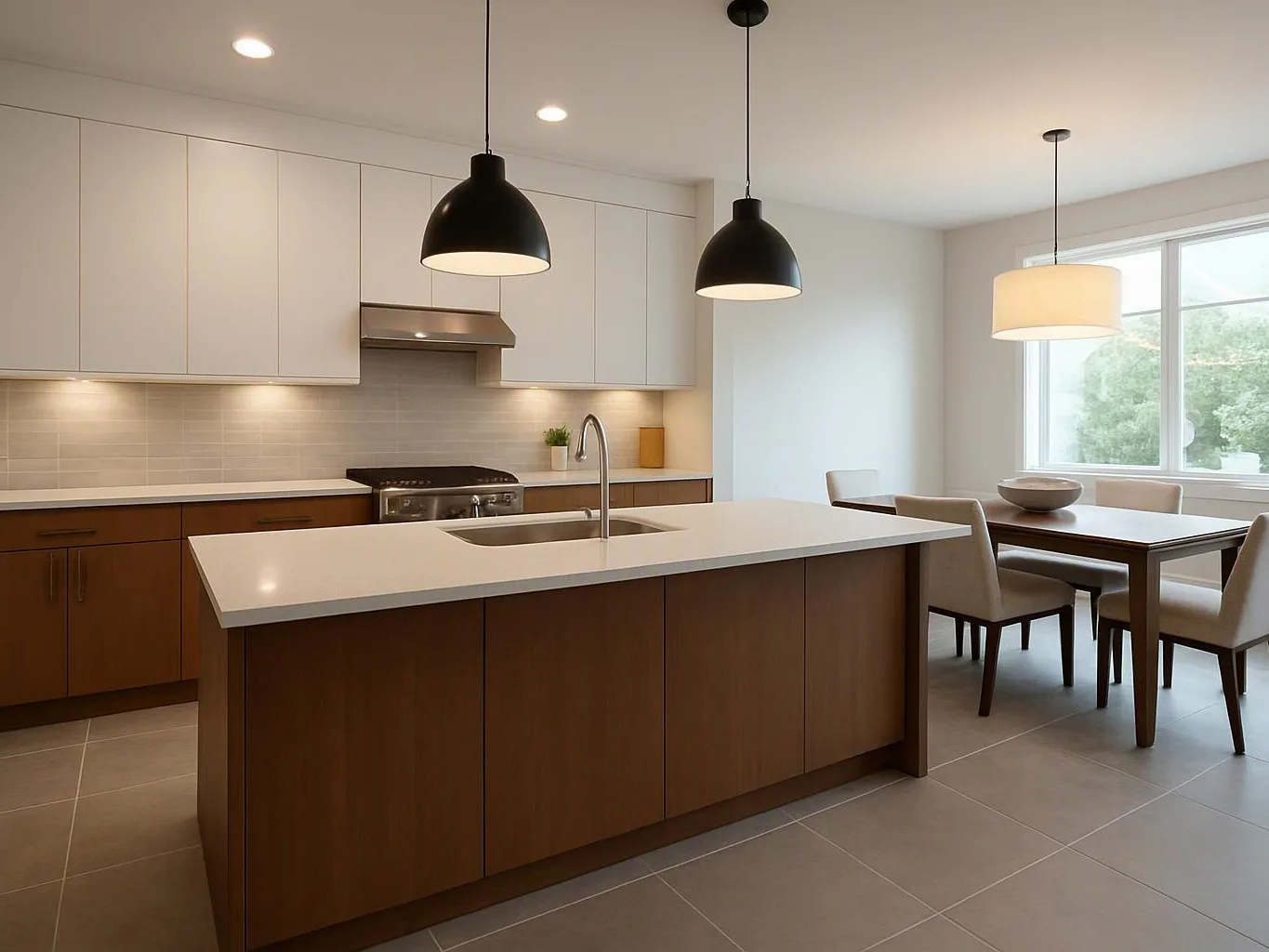 A modern kitchen with a large island, pendant lights, and a dining table beside a bright window