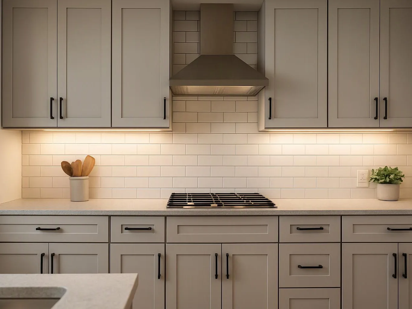 A modern kitchen shows gray cabinets, a tiled backsplash, a stove top, and small plants on the counter