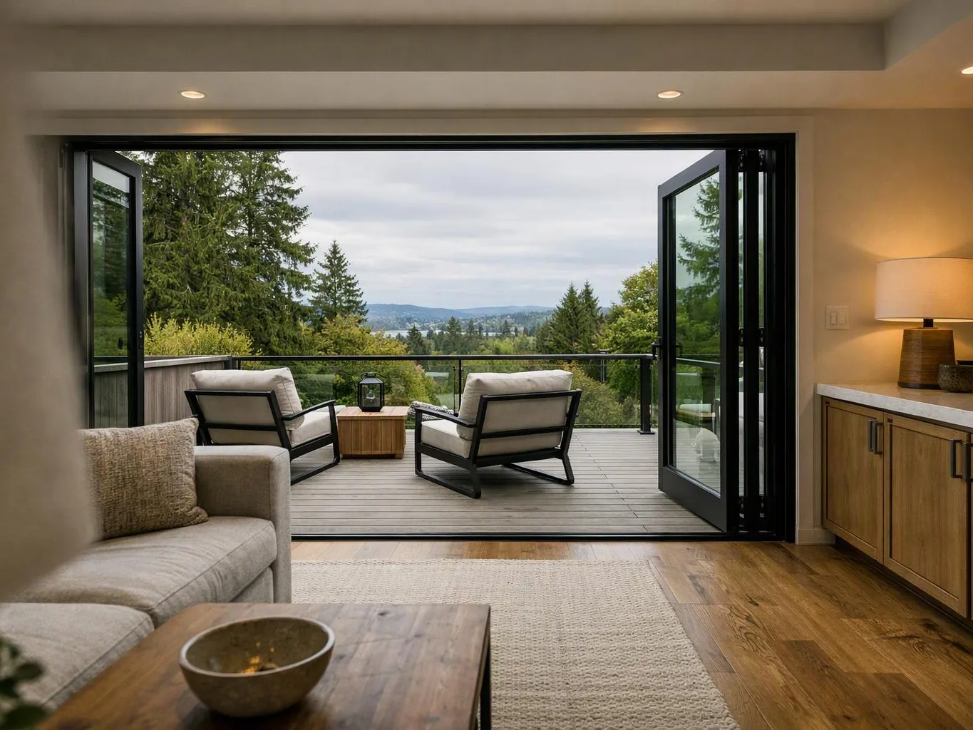 A modern living room opens to a deck with two chairs and a view of trees and hills