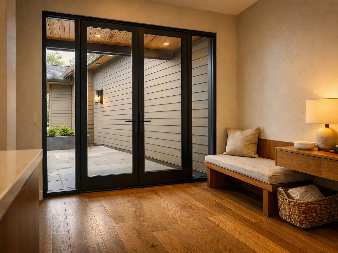 A modern room has wood floors, a cushioned bench, a lit lamp, and black-framed glass doors opening to a patio