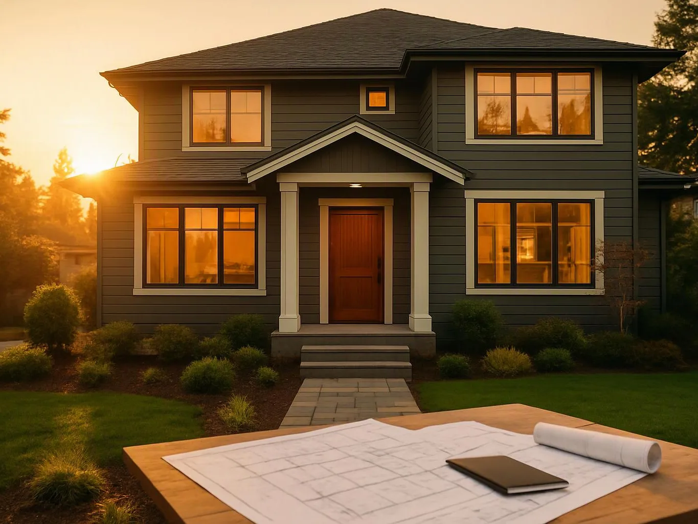 A modern two-story house glows at sunset, with blueprints and a notebook on a wooden table in front