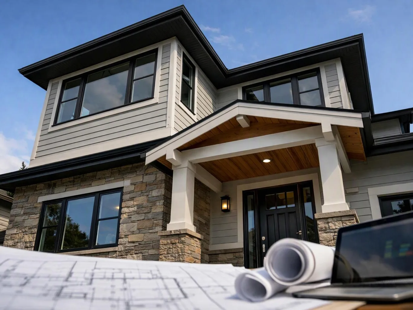 A modern two-story house rises above rolled blueprints and a laptop on a table
