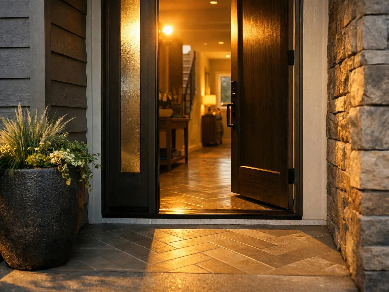 An open front door glows with warm indoor light beside a planter and stone wall