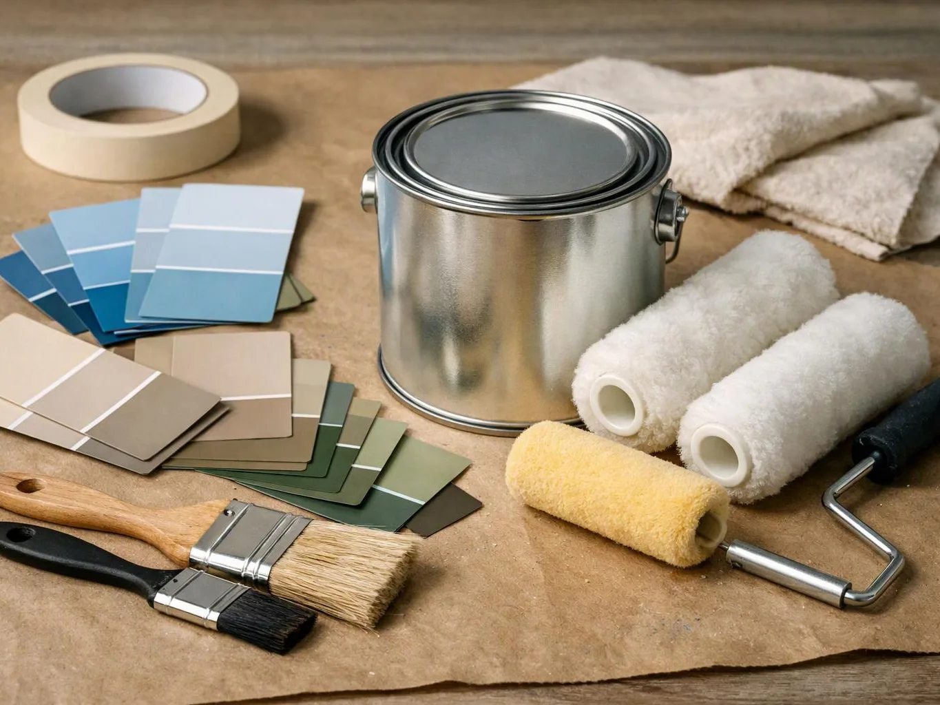 Paint cans, color swatches, brushes, rollers, and masking tape sit on a brown work surface