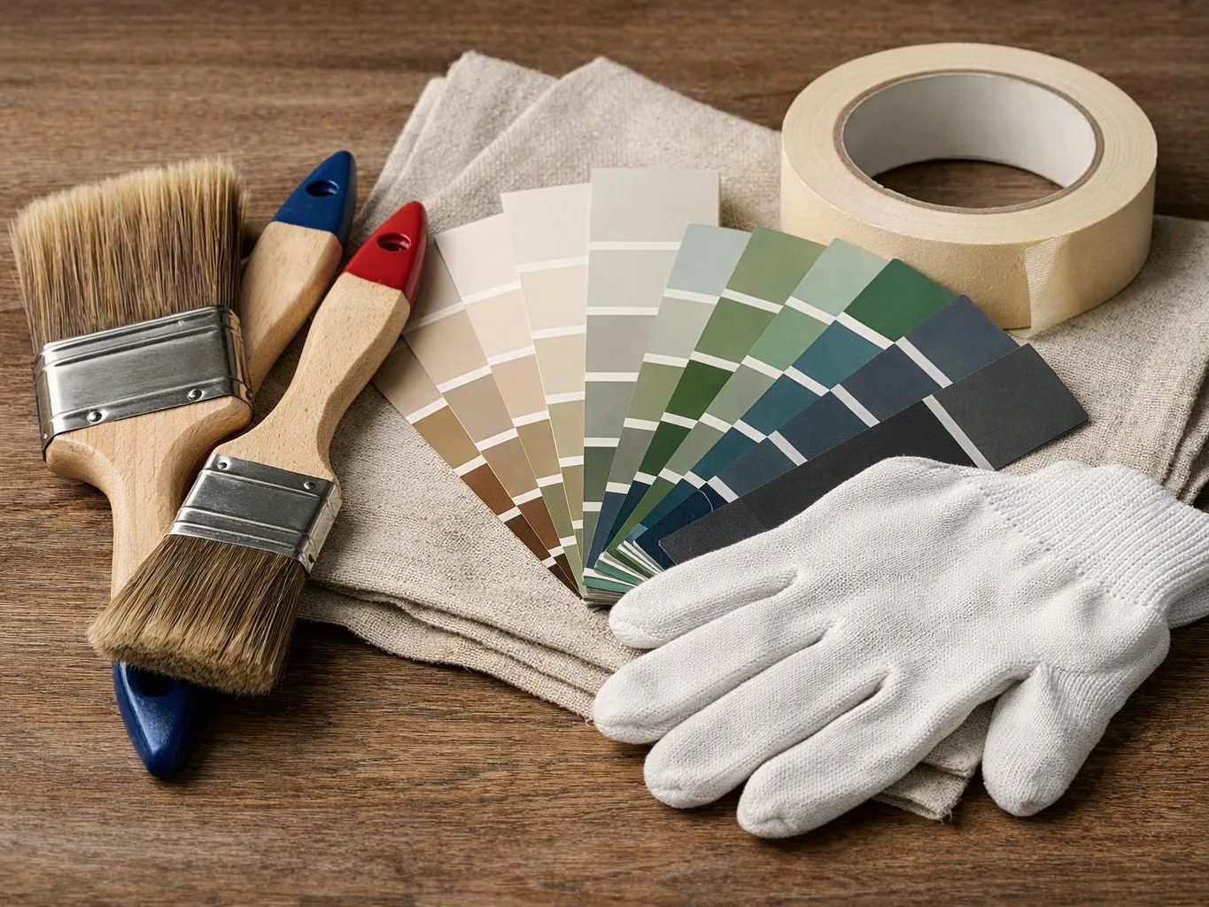 Paintbrushes, color swatches, masking tape, gloves, and cloths are arranged on a wooden surface